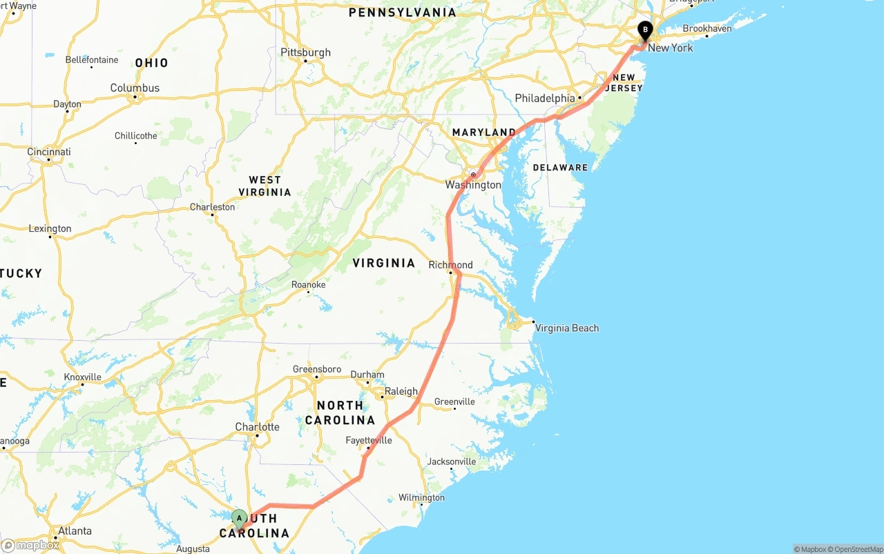 Shipping route from South Carolina to Port of New York