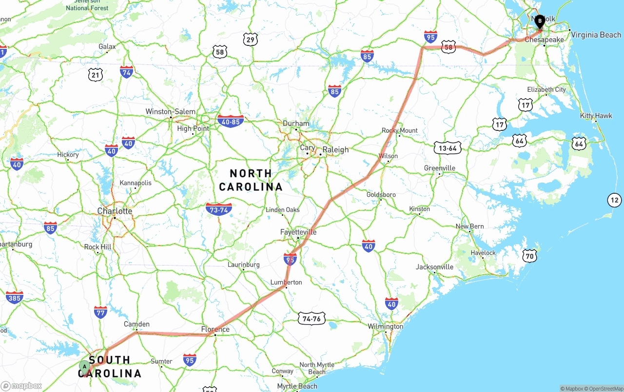 Shipping route from South Carolina to Port of Norfolk