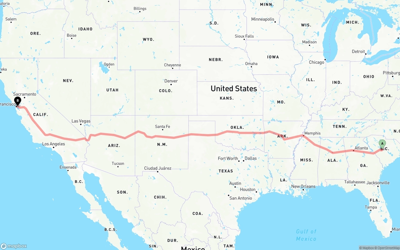 Shipping route from South Carolina to Port of Oakland