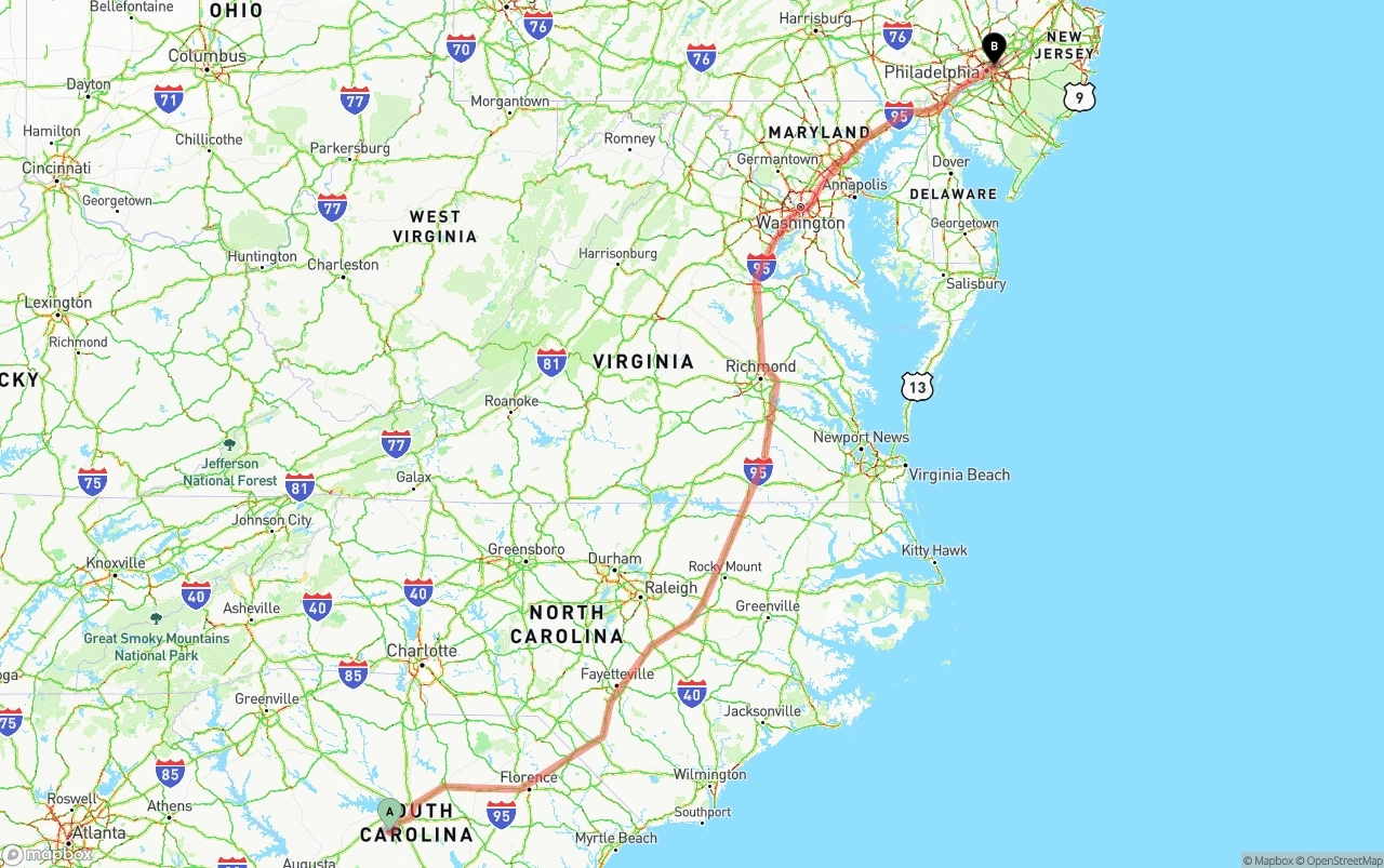 Shipping route from South Carolina to Port of Philadelphia