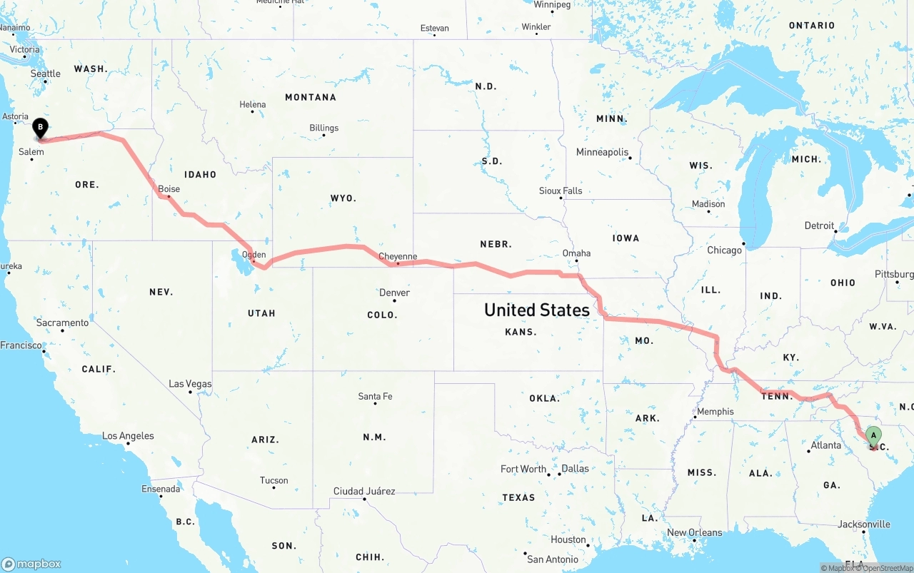 Shipping route from South Carolina to Port of Portland