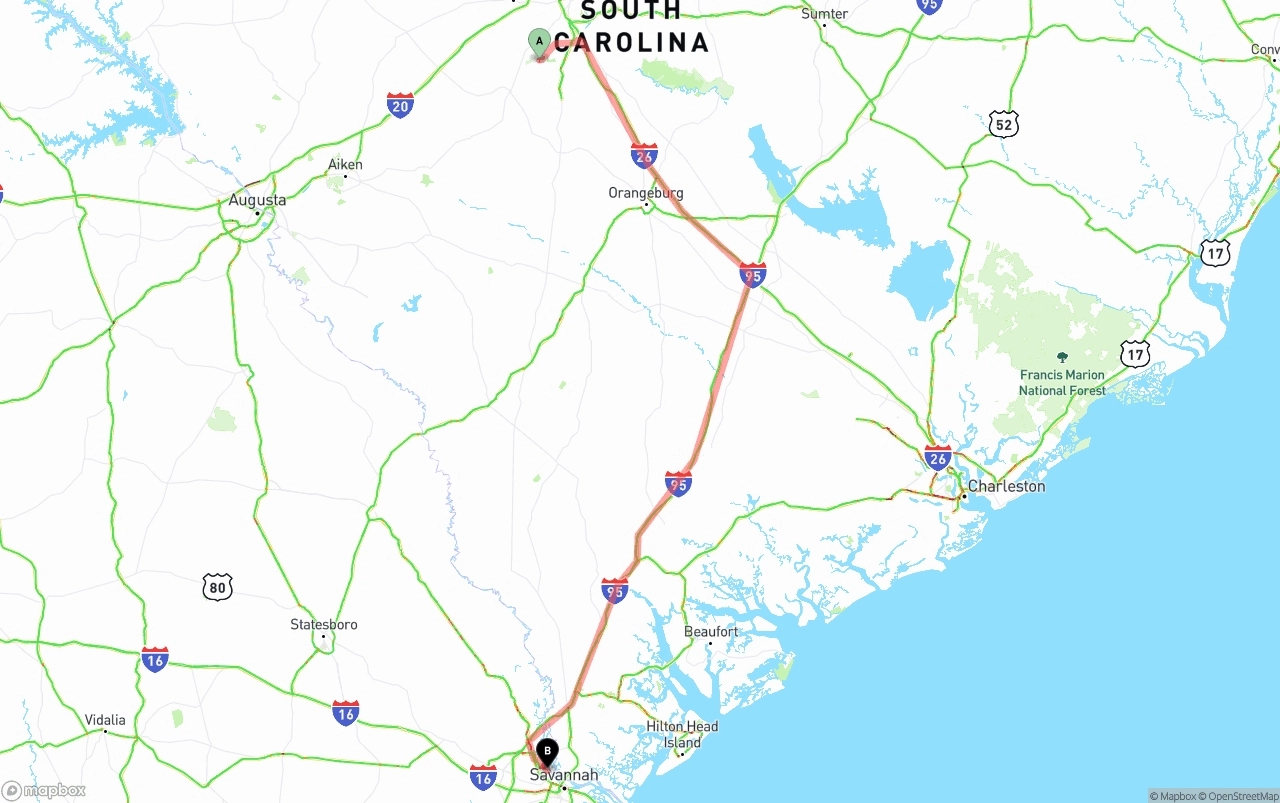 Shipping route from South Carolina to Port of Savannah