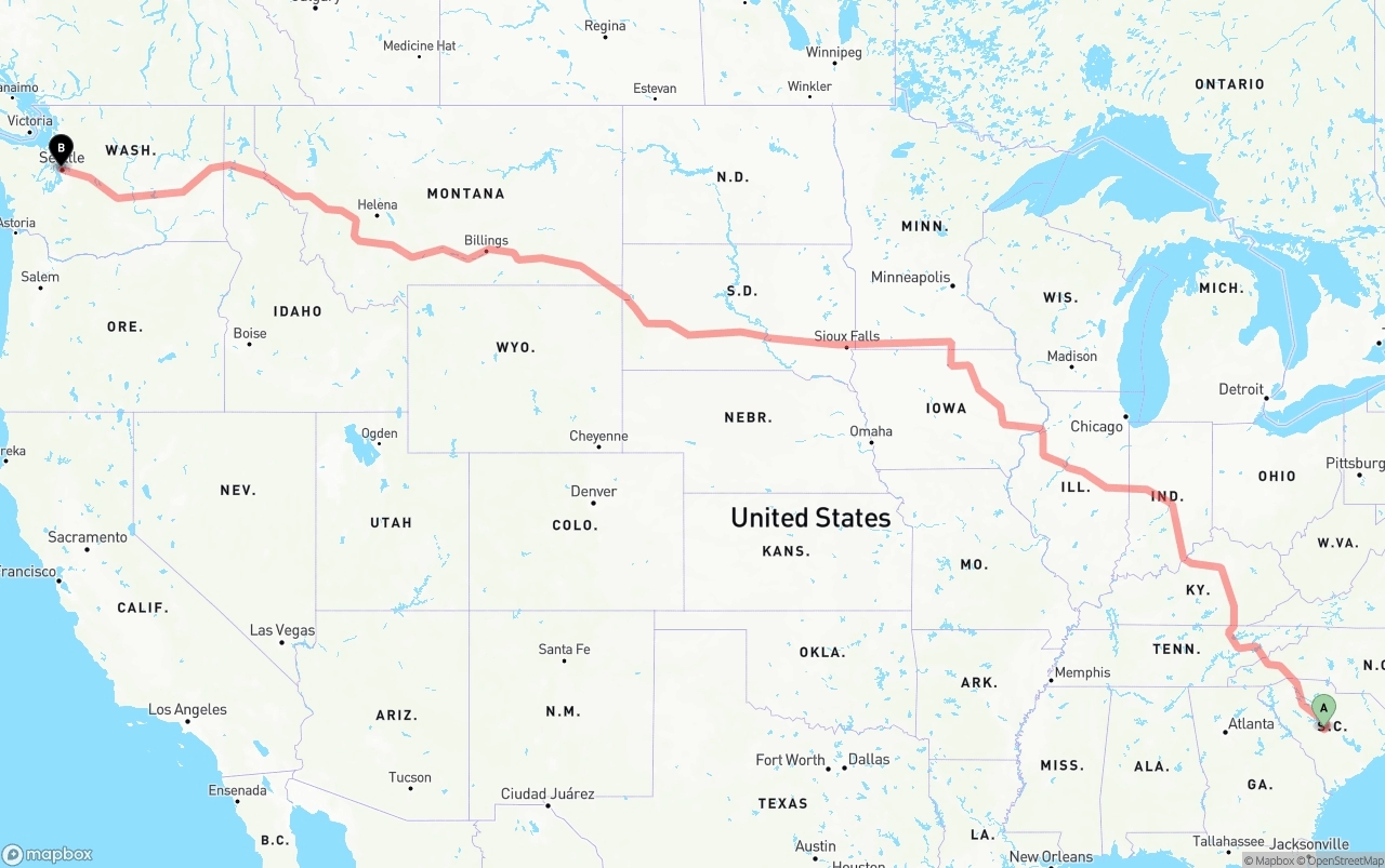 Shipping route from South Carolina to Port of Seattle