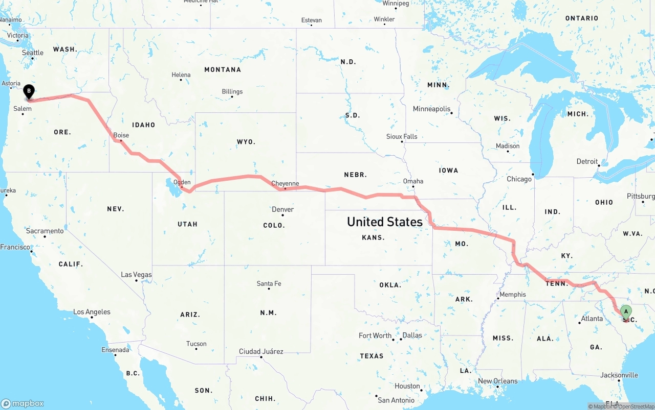 Shipping route from South Carolina to Portland International Airport