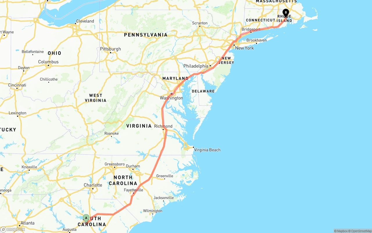 Shipping route from South Carolina to Rhode Island