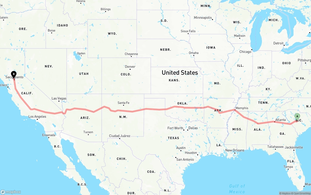 Shipping route from South Carolina to Sacramento International Airport