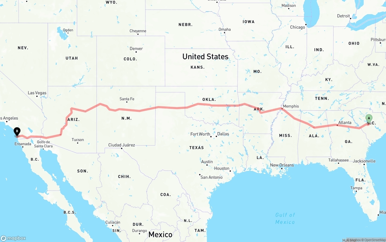 Shipping route from South Carolina to San Diego International Airport