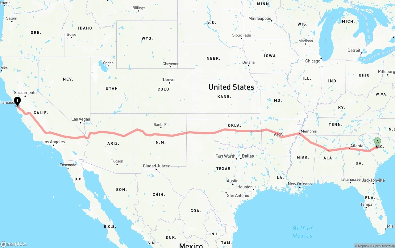 Shipping route from South Carolina to San Francisco International Airport