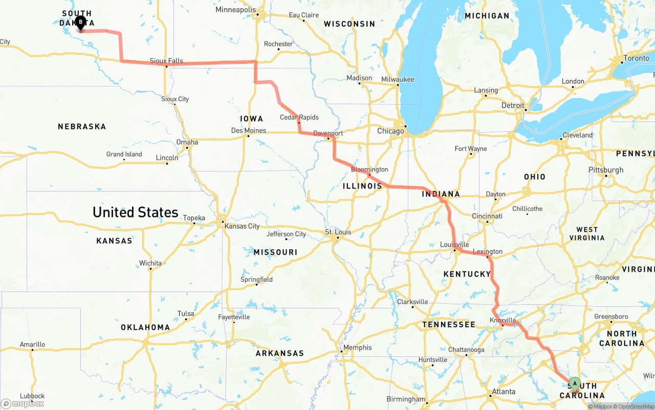 Shipping route from South Carolina to South Dakota