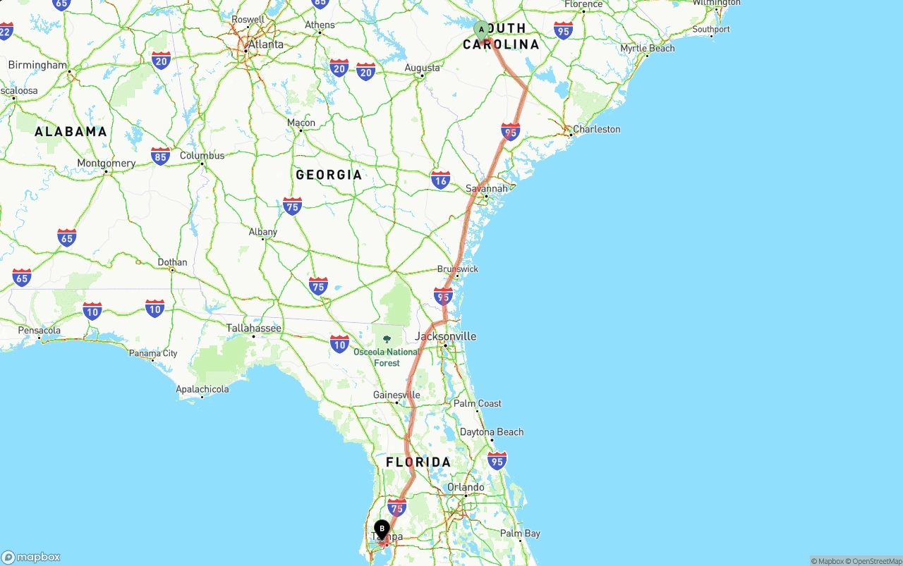 Shipping route from South Carolina to Tampa International Airport