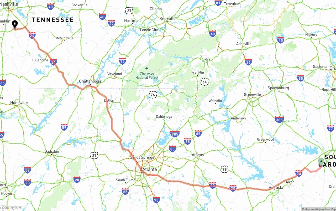 Shipping route from South Carolina to Tennessee