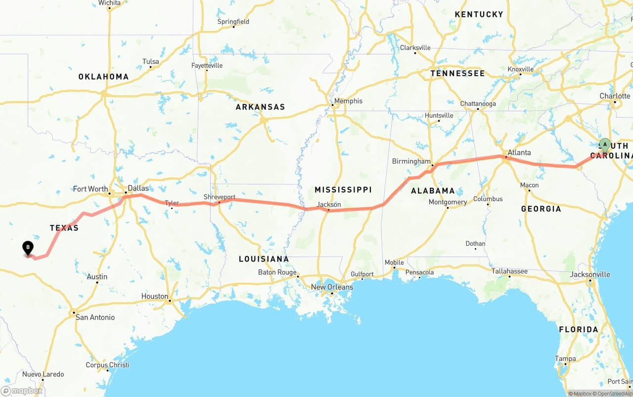 Shipping route from South Carolina to Texas