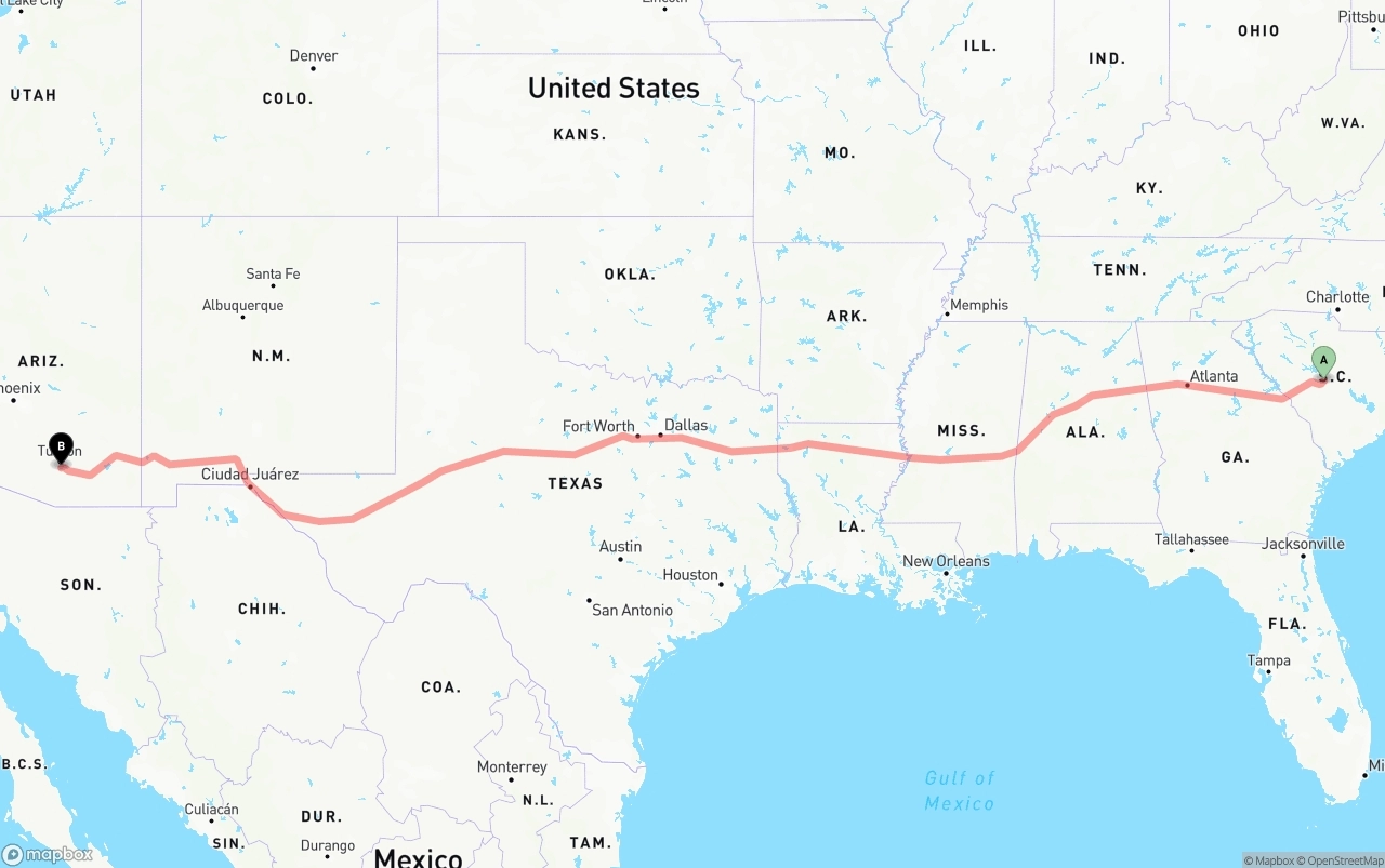 Shipping route from South Carolina to Tucson International Airport