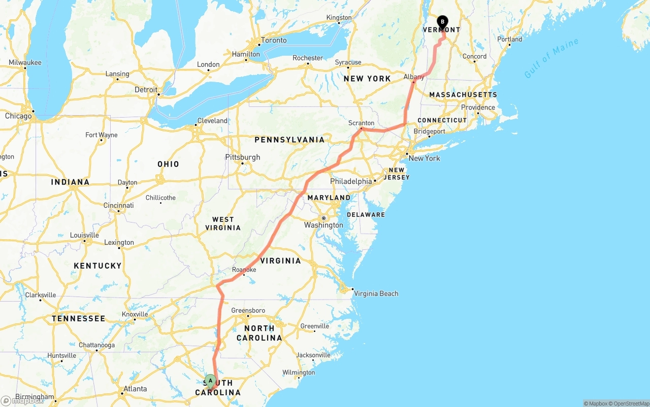 Shipping route from South Carolina to Vermont