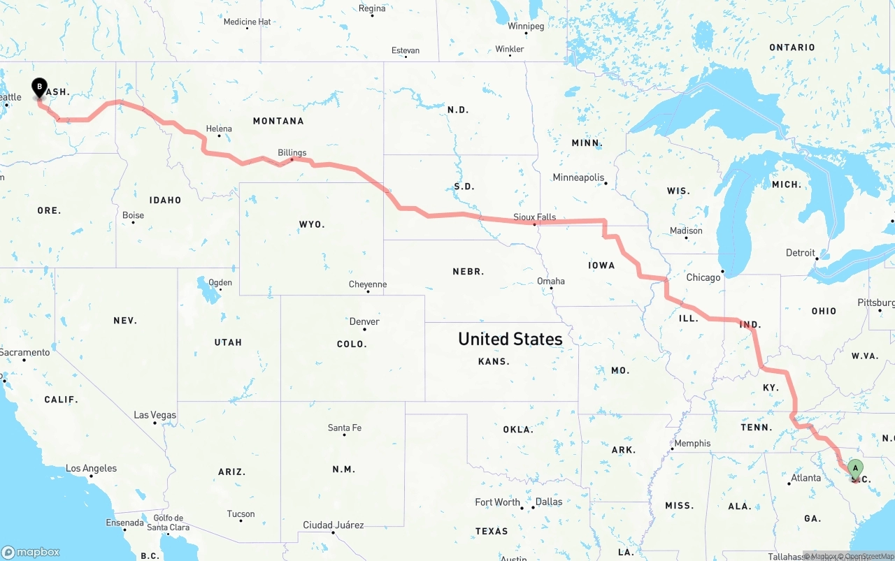 Shipping route from South Carolina to Washington