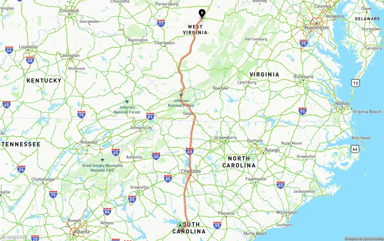 Shipping route from South Carolina to West Virginia