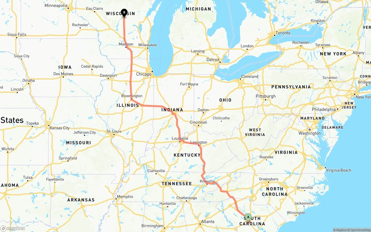 Shipping route from South Carolina to Wisconsin