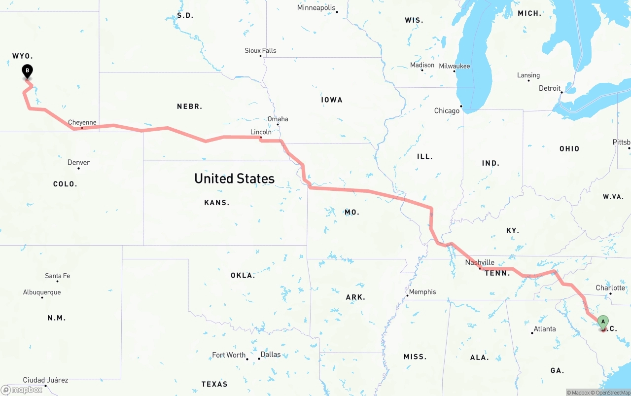 Shipping route from South Carolina to Wyoming