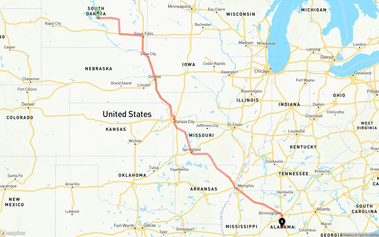 Shipping route from South Dakota to Alabama