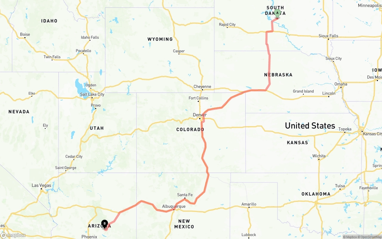 Shipping route from South Dakota to Arizona