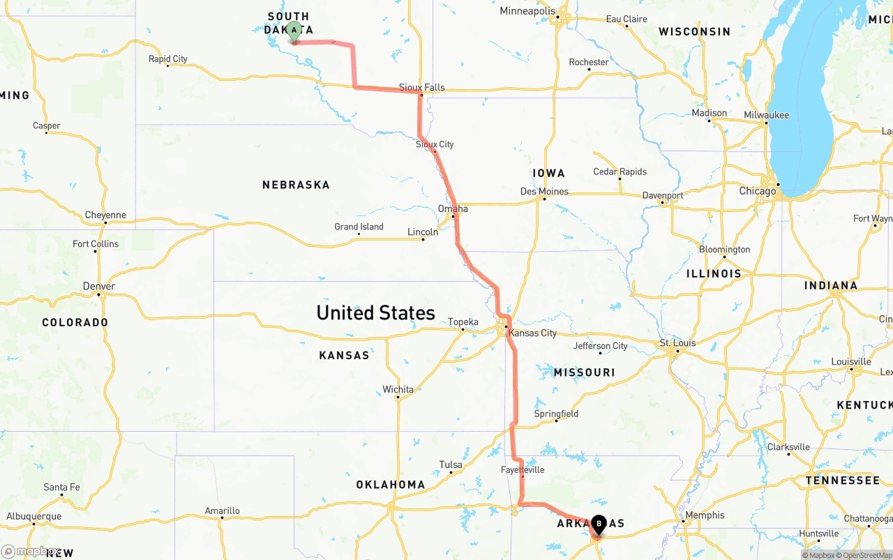 Shipping route from South Dakota to Arkansas
