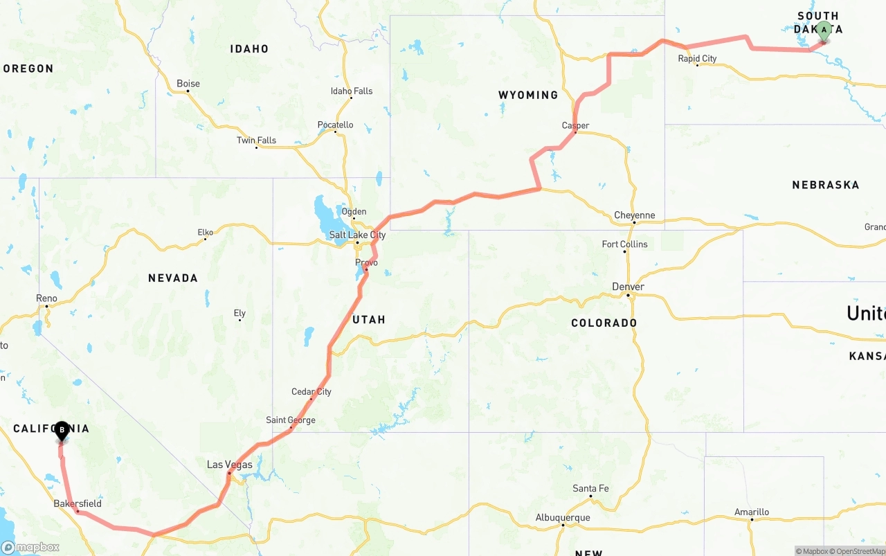 Shipping route from South Dakota to California