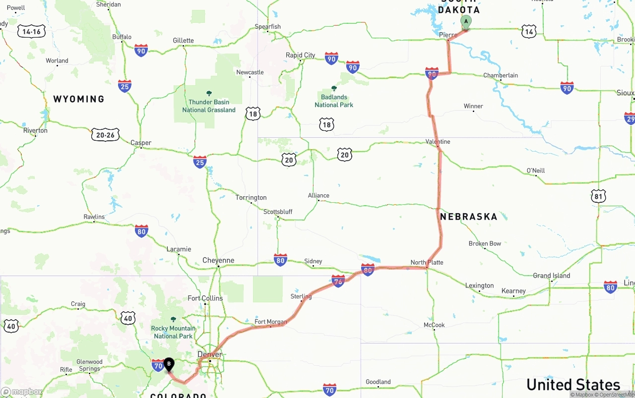 Shipping route from South Dakota to Colorado