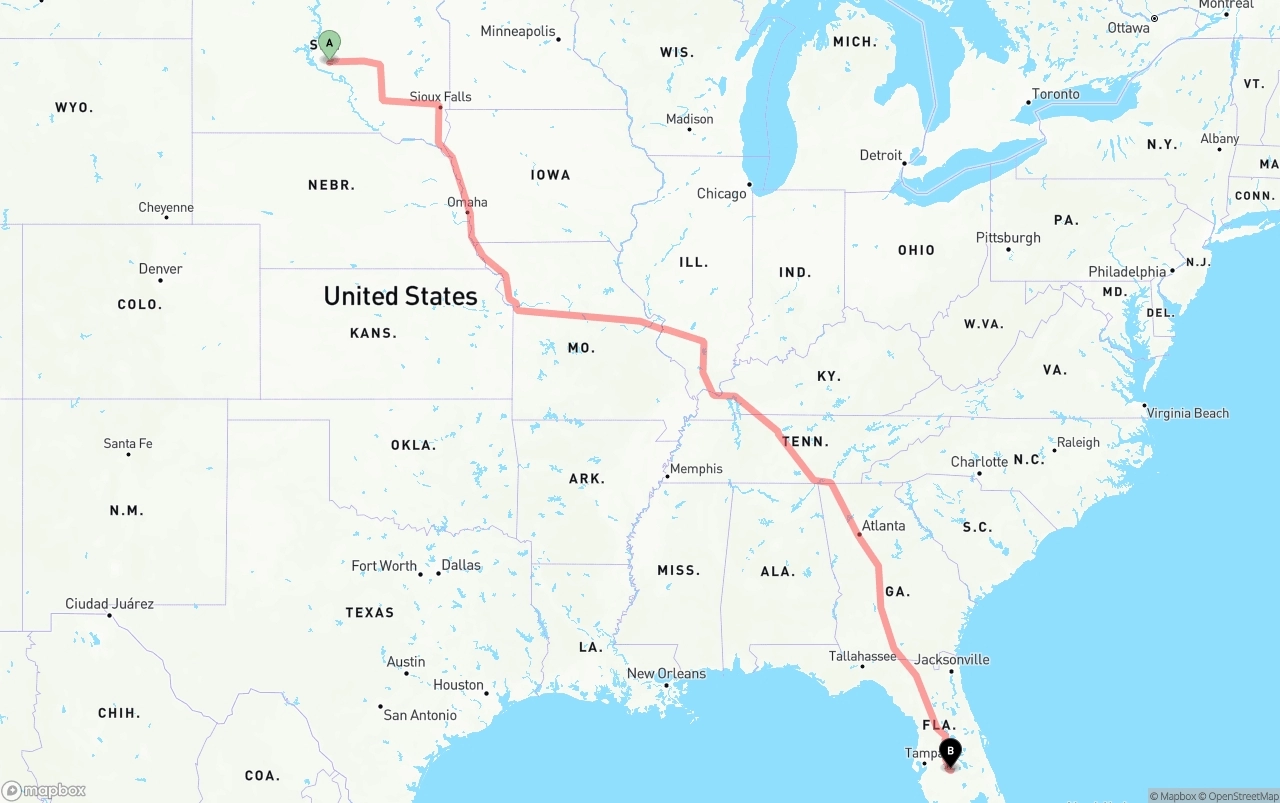 Shipping route from South Dakota to Florida