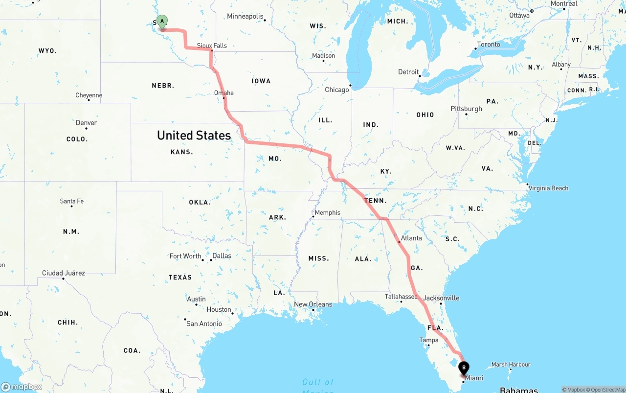 Shipping route from South Dakota to Fort Lauderdale-Hollywood International Airport