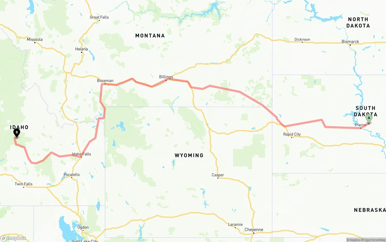 Shipping route from South Dakota to Idaho