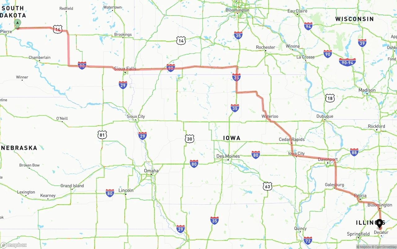 Shipping route from South Dakota to Illinois