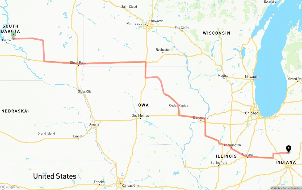 Shipping route from South Dakota to Indiana