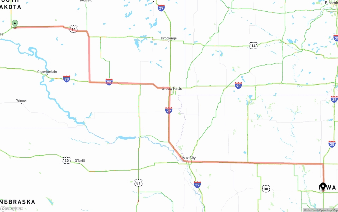 Shipping route from South Dakota to Iowa