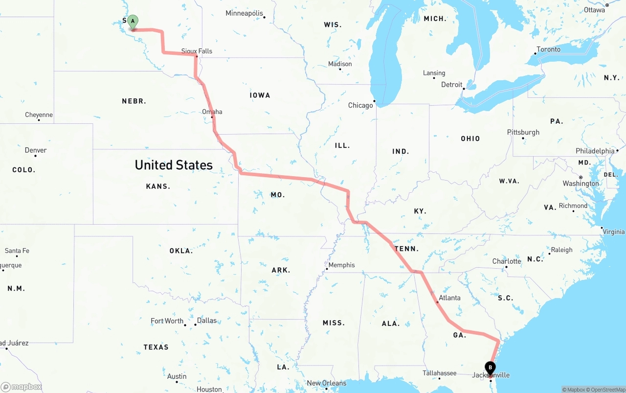 Shipping route from South Dakota to Jacksonville International Airport