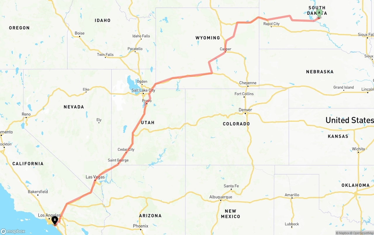 Shipping route from South Dakota to John Wayne Airport — Orange County