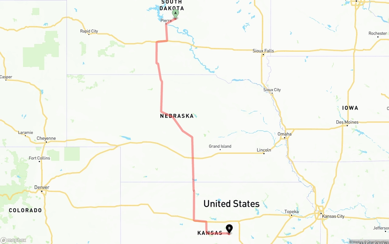 Shipping route from South Dakota to Kansas