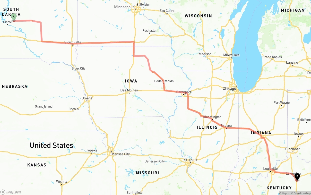 Shipping route from South Dakota to Kentucky