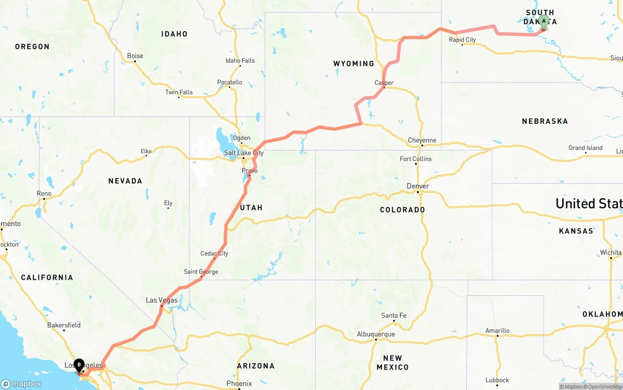 Shipping route from South Dakota to Los Angeles International Airport