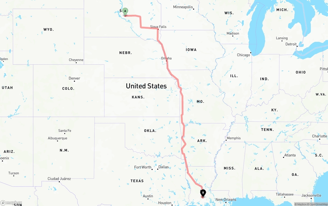 Shipping route from South Dakota to Louisiana