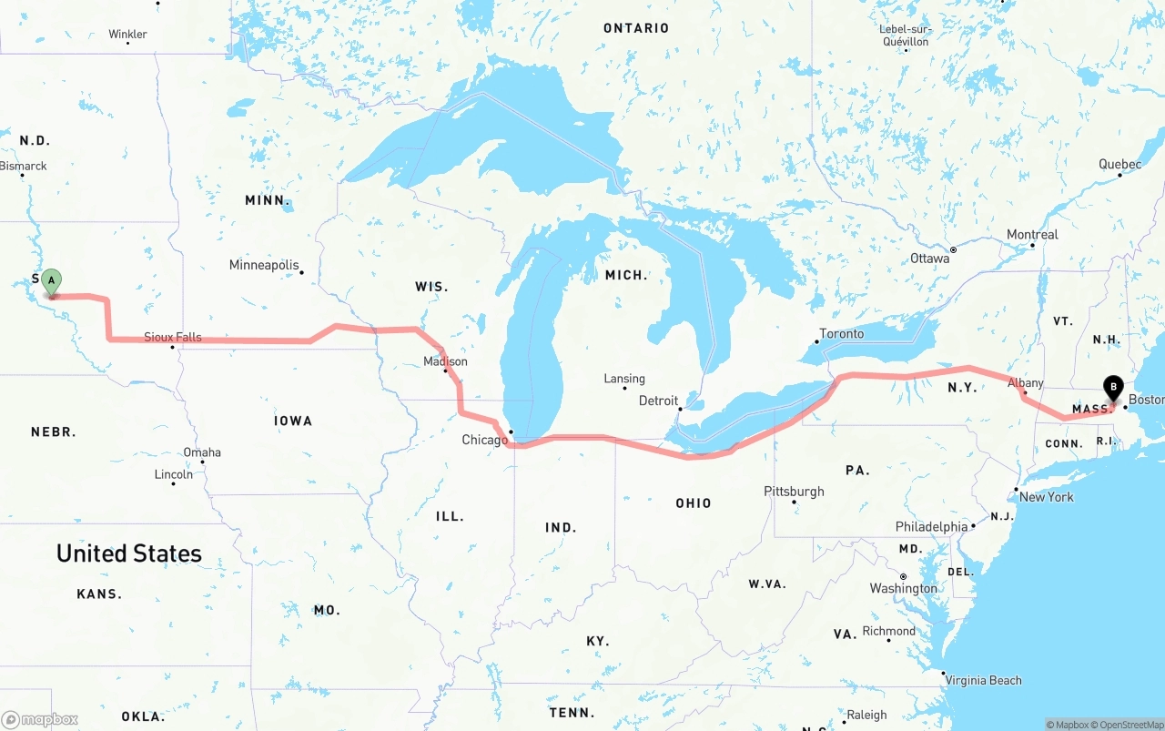 Shipping route from South Dakota to Massachusetts