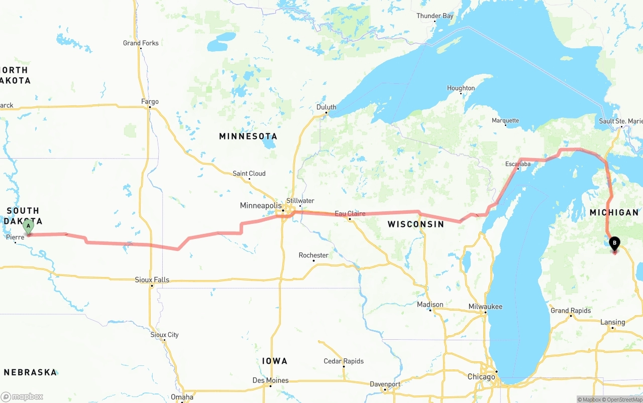 Shipping route from South Dakota to Michigan