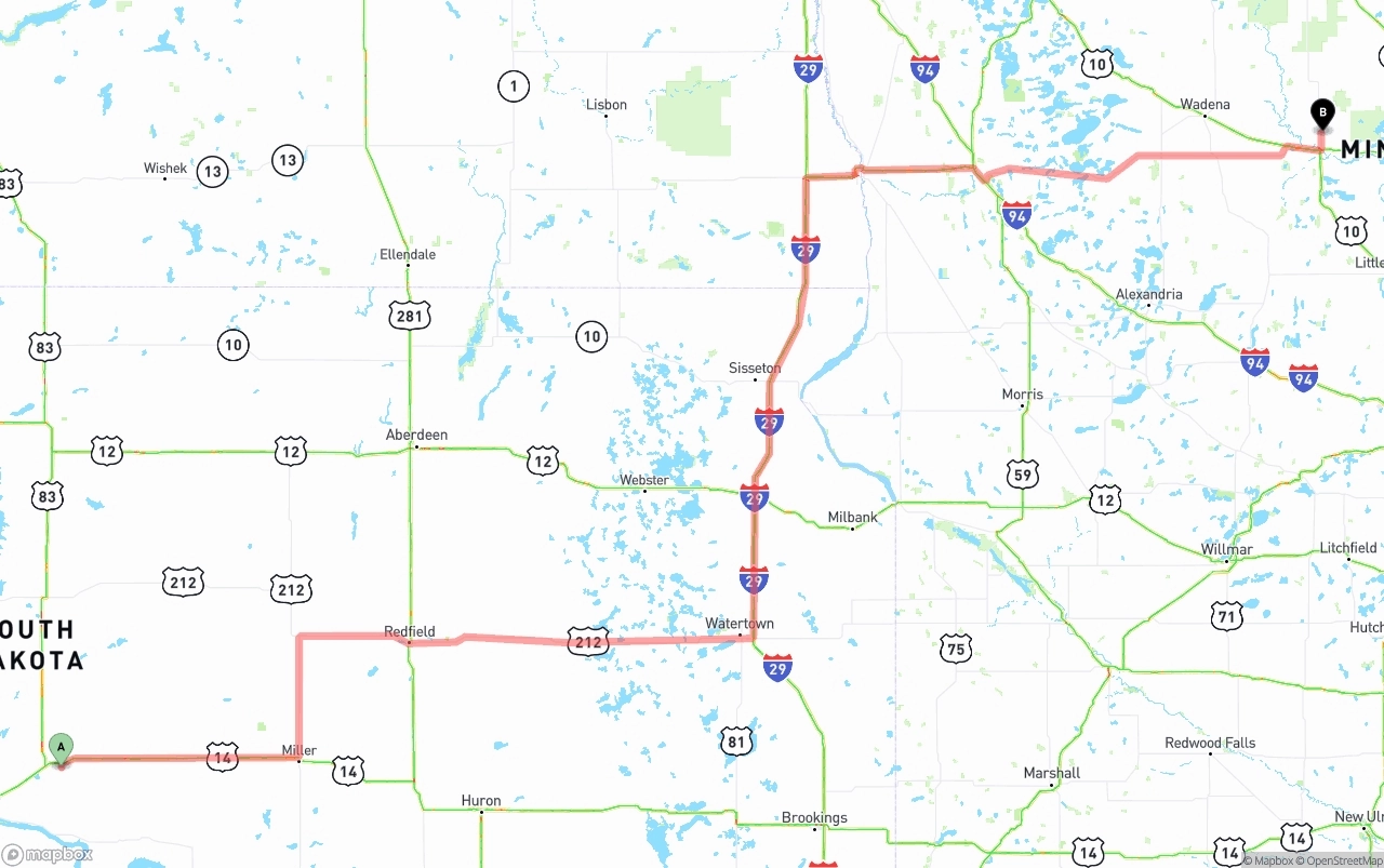 Shipping route from South Dakota to Minnesota