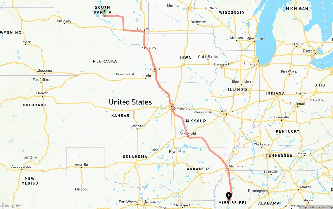 Shipping route from South Dakota to Mississippi