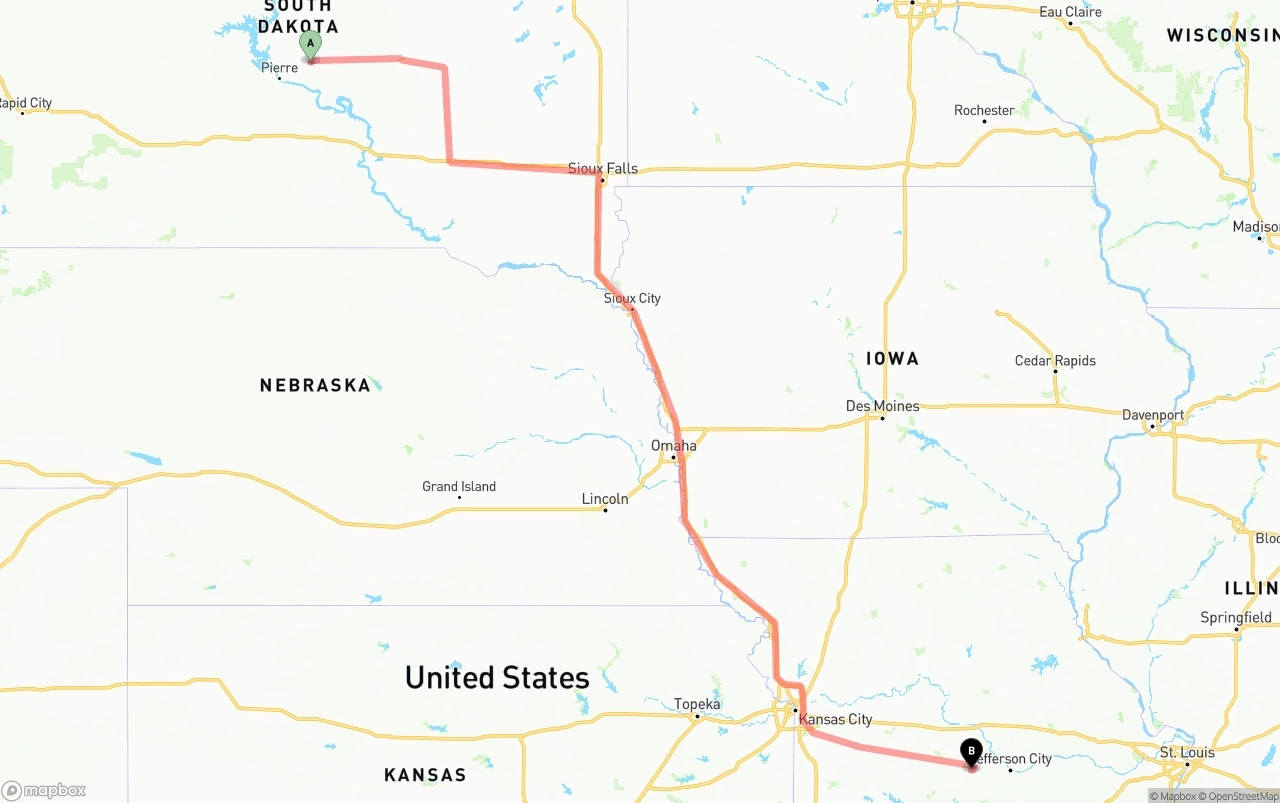 Shipping route from South Dakota to Missouri