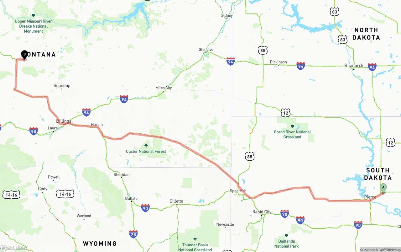Shipping route from South Dakota to Montana