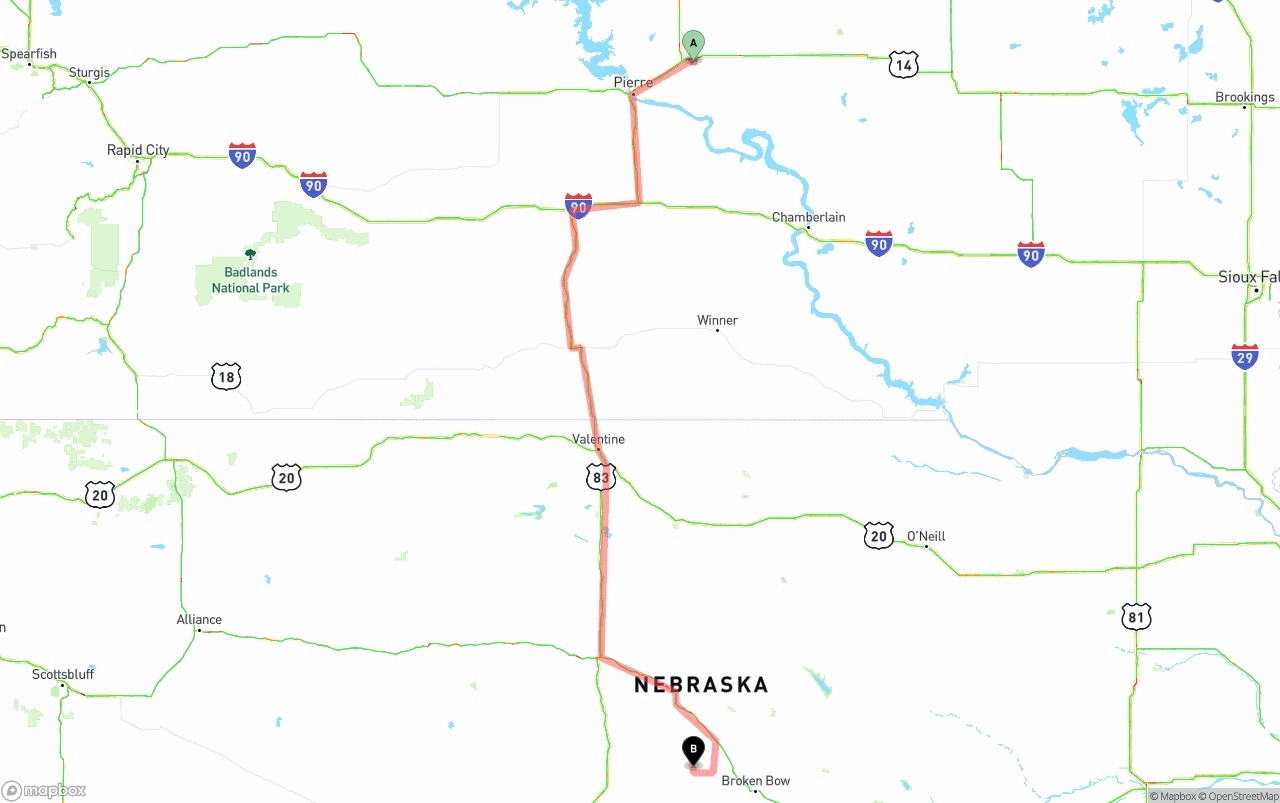 Shipping route from South Dakota to Nebraska