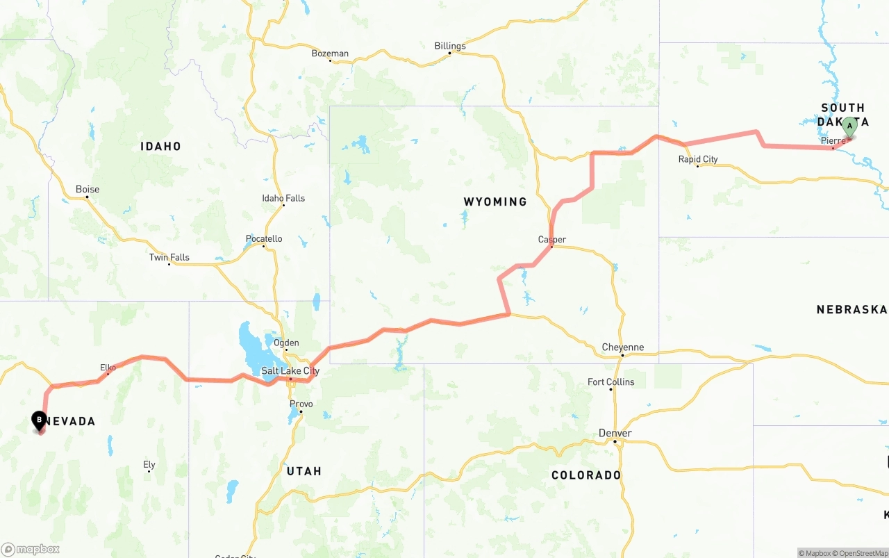 Shipping route from South Dakota to Nevada