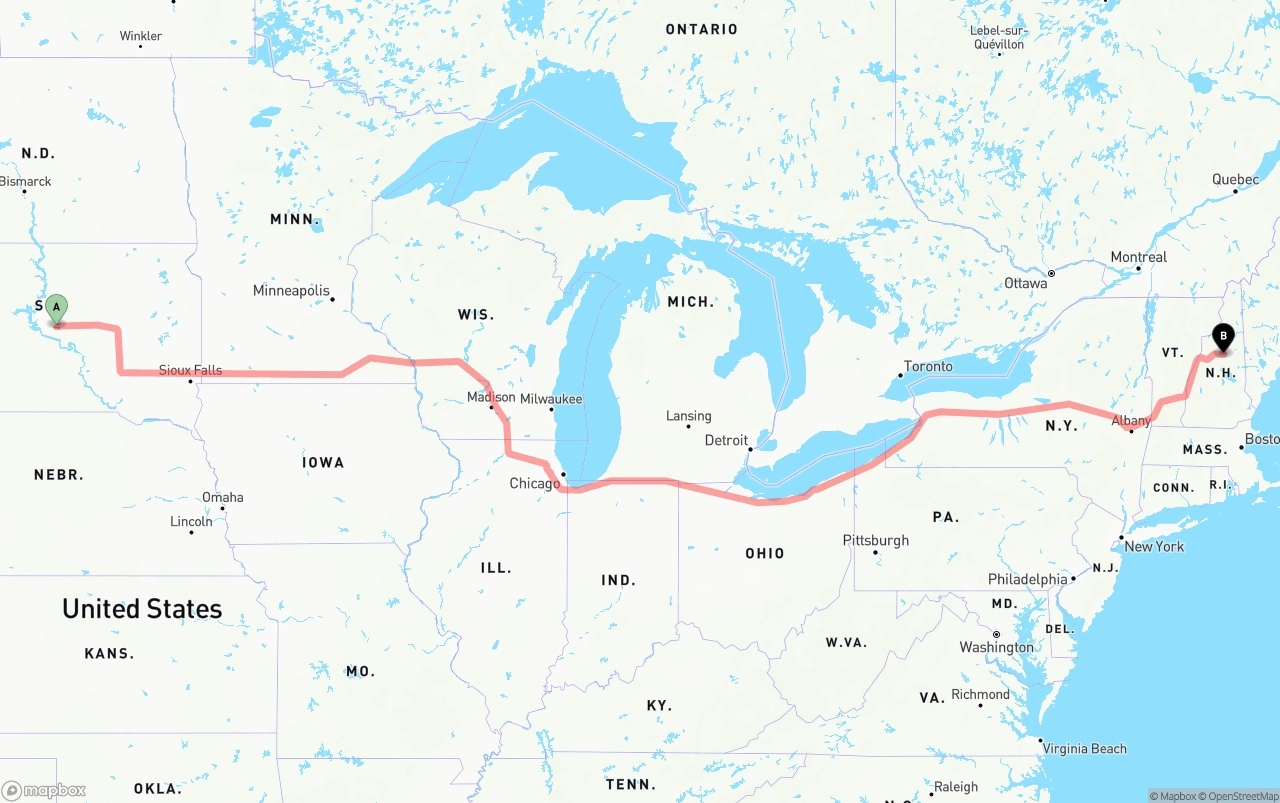 Shipping route from South Dakota to New Hampshire