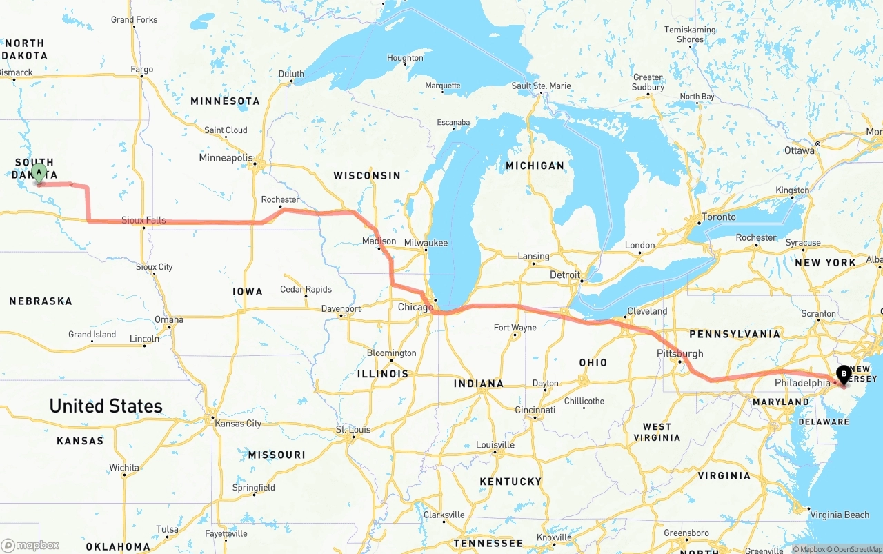Shipping route from South Dakota to New Jersey