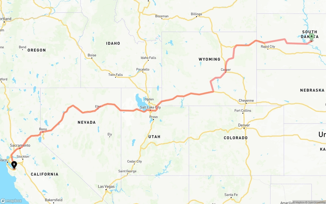 Shipping route from South Dakota to Norman Y. Mineta San Jose International Airport